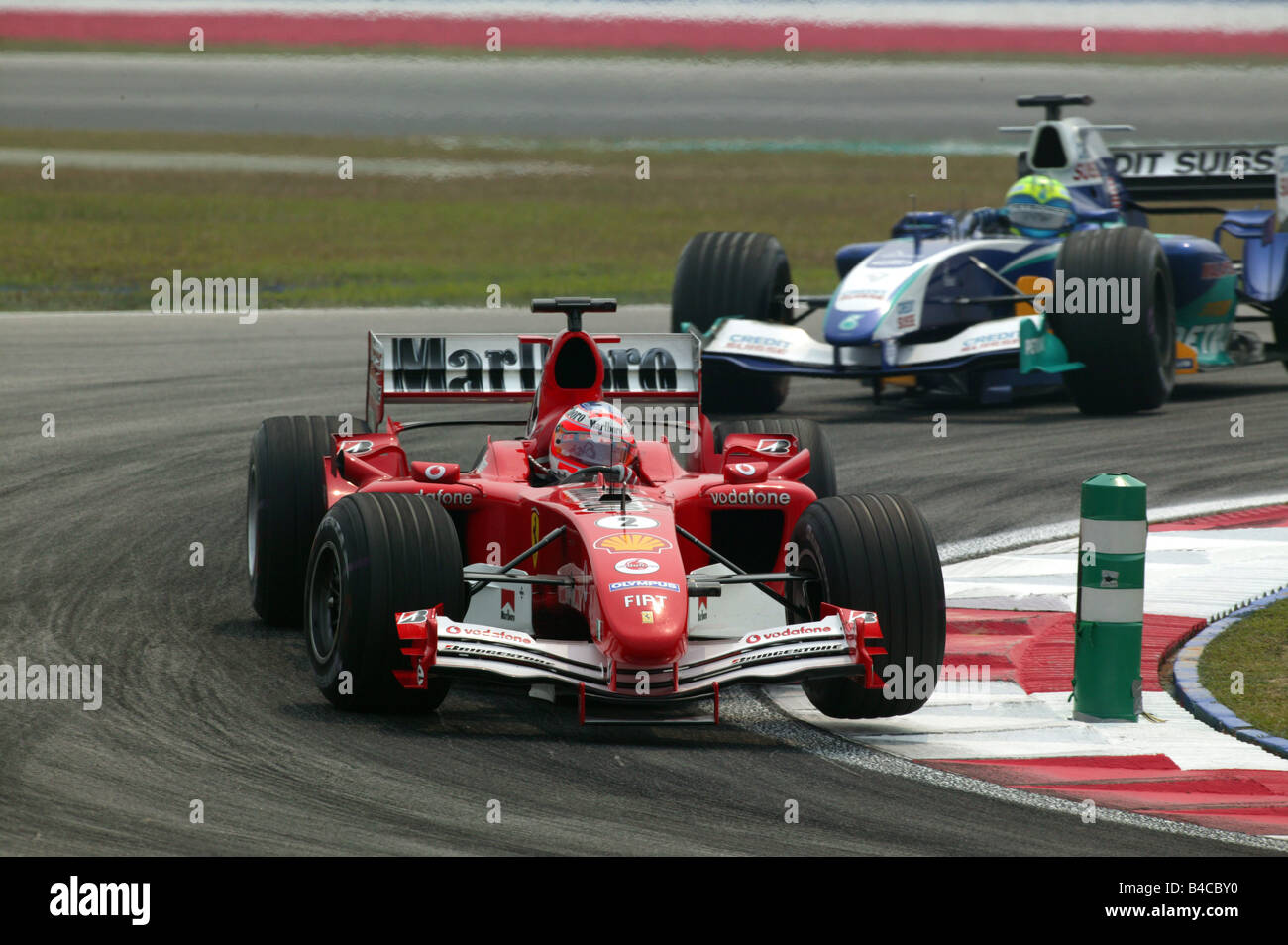 Lo sport del motore, Michael Schumacher in Ferrari, Formel 1 2005, Race Driver, racetrack, circuito, Race Course, guida, diagonale da Foto Stock