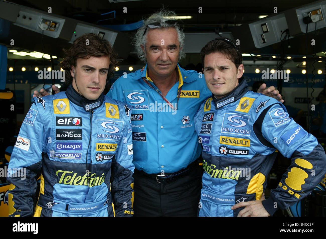 Lo sport del motore, del Team Renault Flavio Briatore, Gianapprox.lo Fisichella, Fernando Alonso, Formel 1 2005, persone, Race Driver, Foto Stock