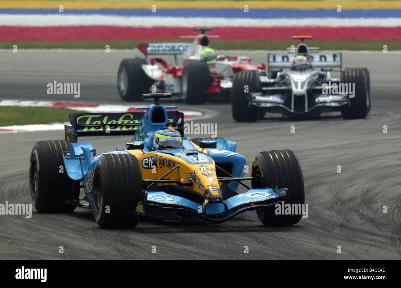 Lo sport del motore, Fernando Alonso, Renault, Formel 1 2005, Race Driver, racetrack, circuito, Race Course, guida, diagonale dal Foto Stock