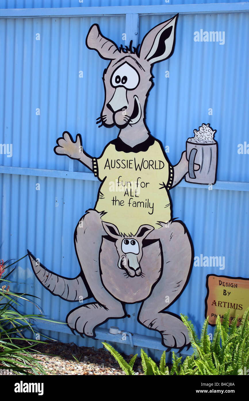 Un divertente segno a Aussie World Theme Park nel Queensland Australia Foto Stock