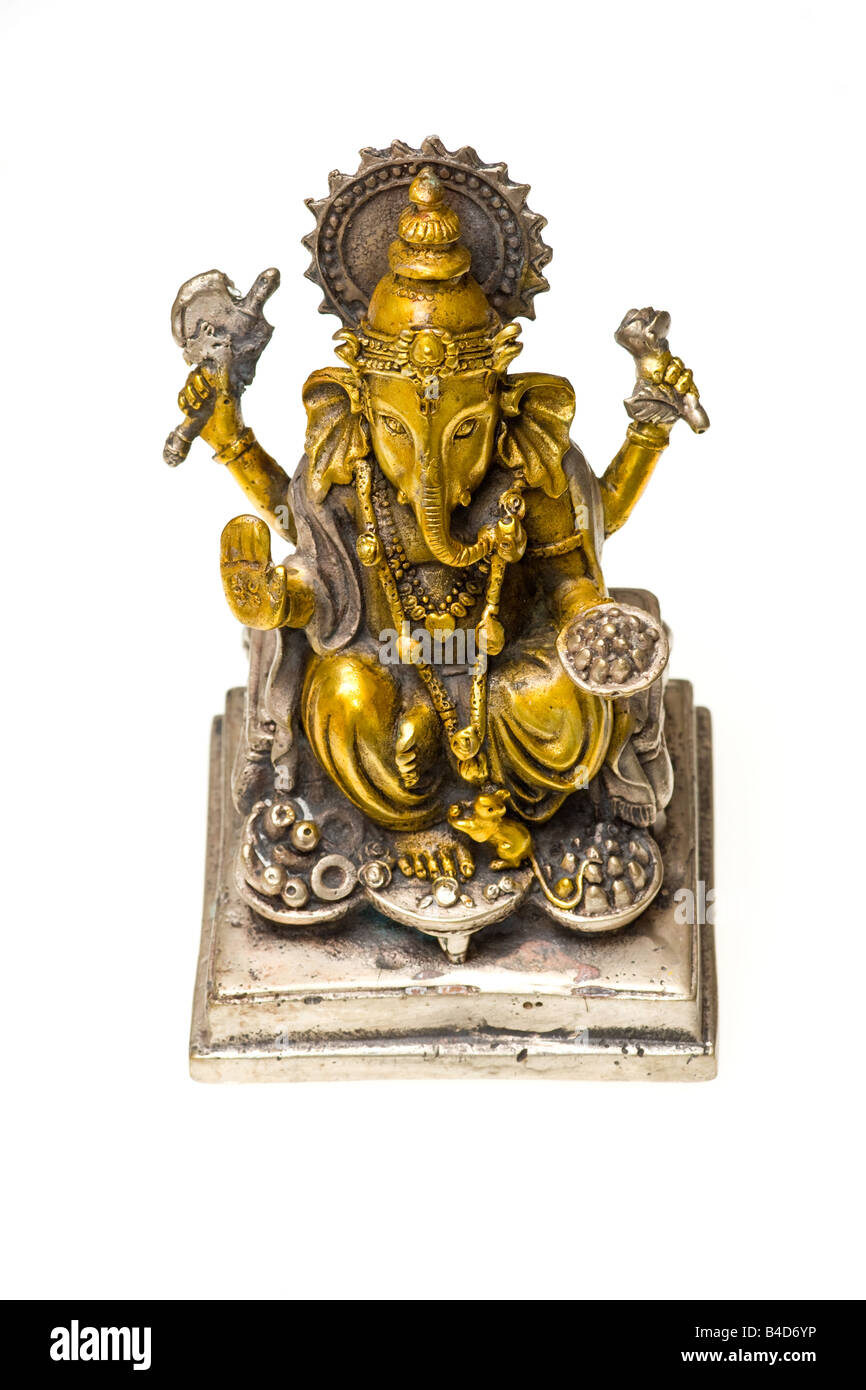 Statua di bronzo di Ganesh dio indù dipinta in oro e argento Foto Stock