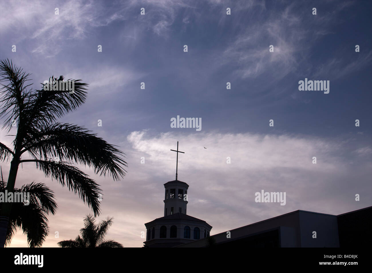 Skyline al tramonto con il campanile con Palm tree Foto Stock