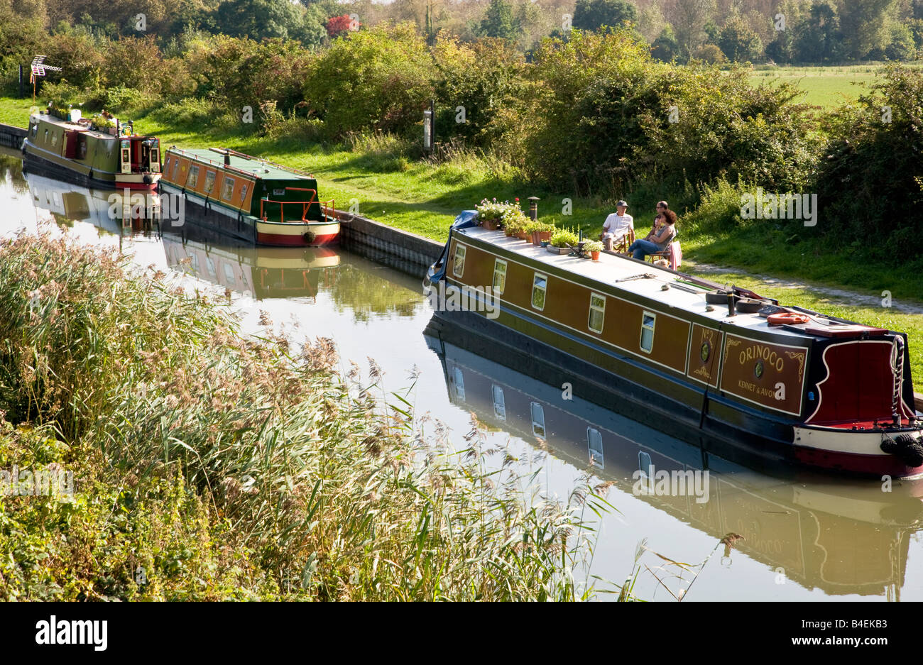 Narrowboats ormeggiate lungo la strada alzaia sul Kennet and Avon canal a tutti Cannings nel Wiltshire, Inghilterra, Gran Bretagna, Regno Unito Foto Stock