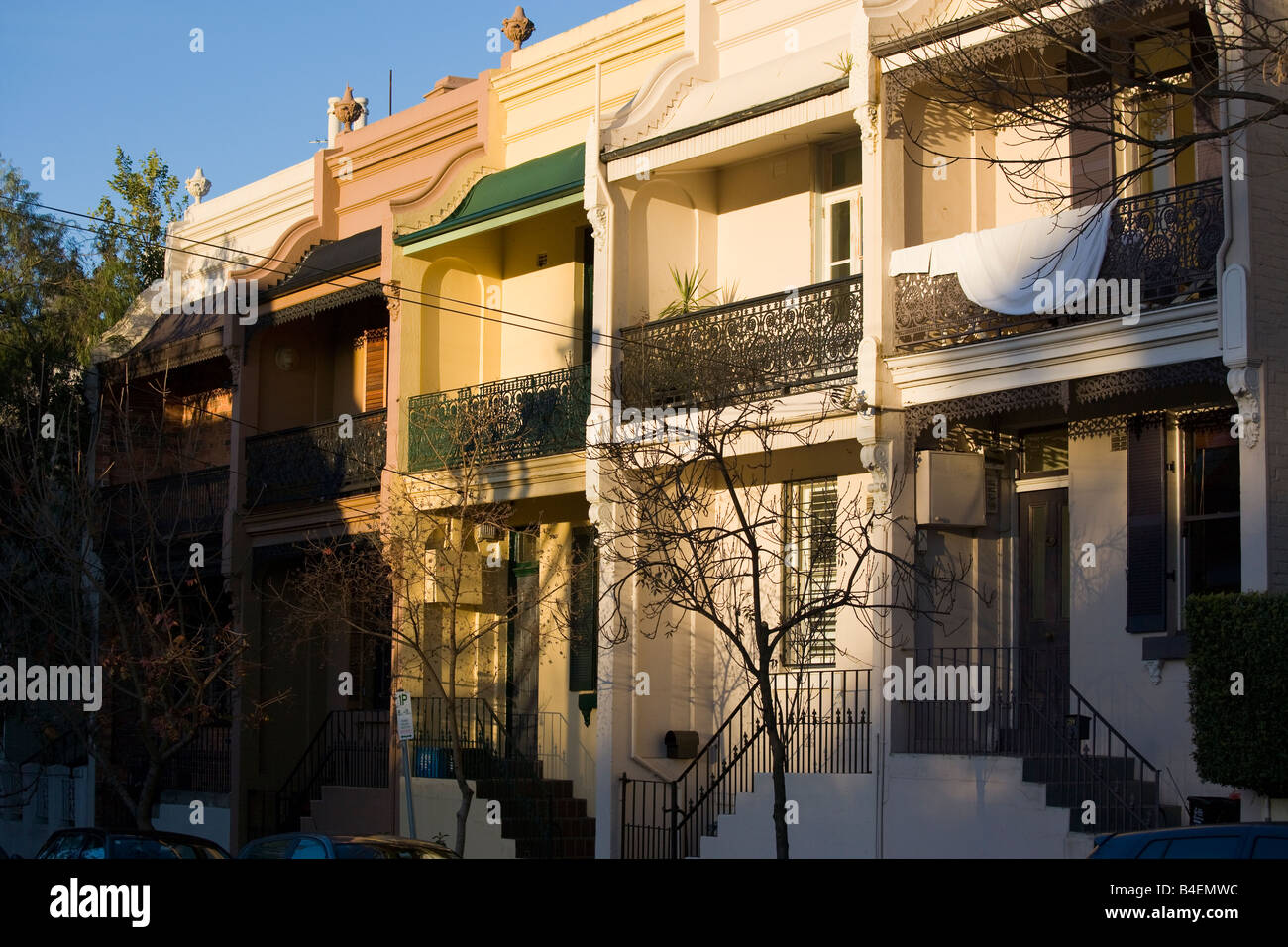Coloniale alla moda in stile vittoriano case terrazza in Glenmore Road in Paddington, Sydney NSW Australia Foto Stock