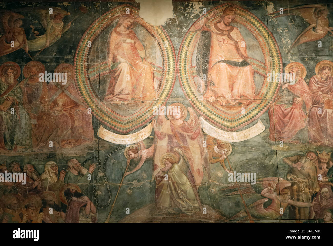 Pisa Italia dettaglio del giudizio ultimo XIV C affreschi sul display del Camposanto Foto Stock