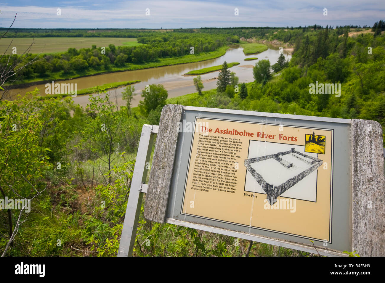 Fiume Assiniboine e firmare visto da lungo il sentiero per i diavoli Punch Bowl, spirito Sands, boschi di abete rosso parco provinciale Foto Stock