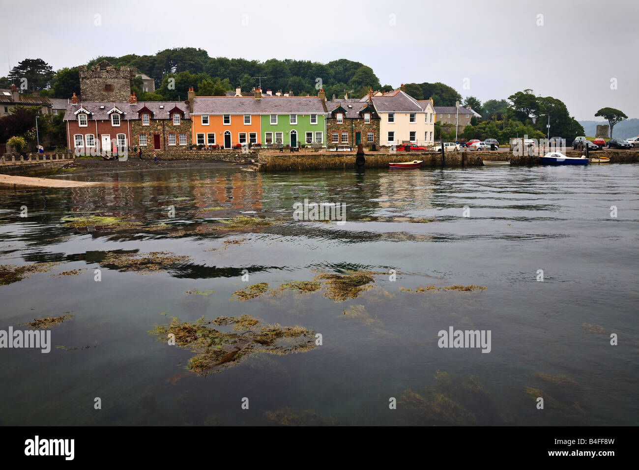 Dipinto luminosamente cottages a Strangford Harbour, County Down, Irlanda del Nord Foto Stock