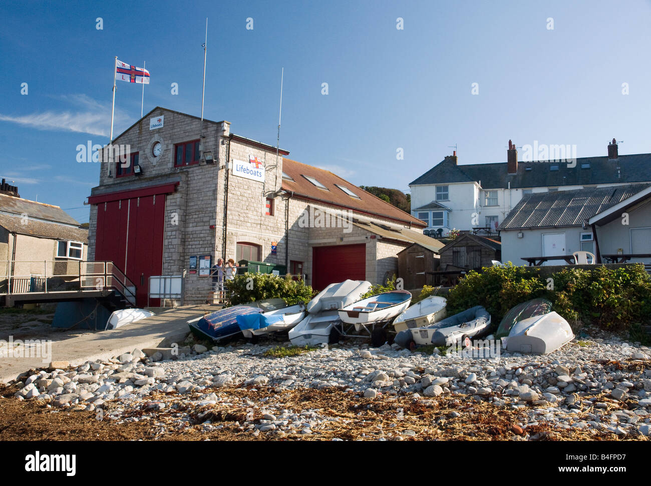 RNLI Life Boat House in Swanage Bay, Isle of Purbeck, Dorset Inghilterra Foto Stock