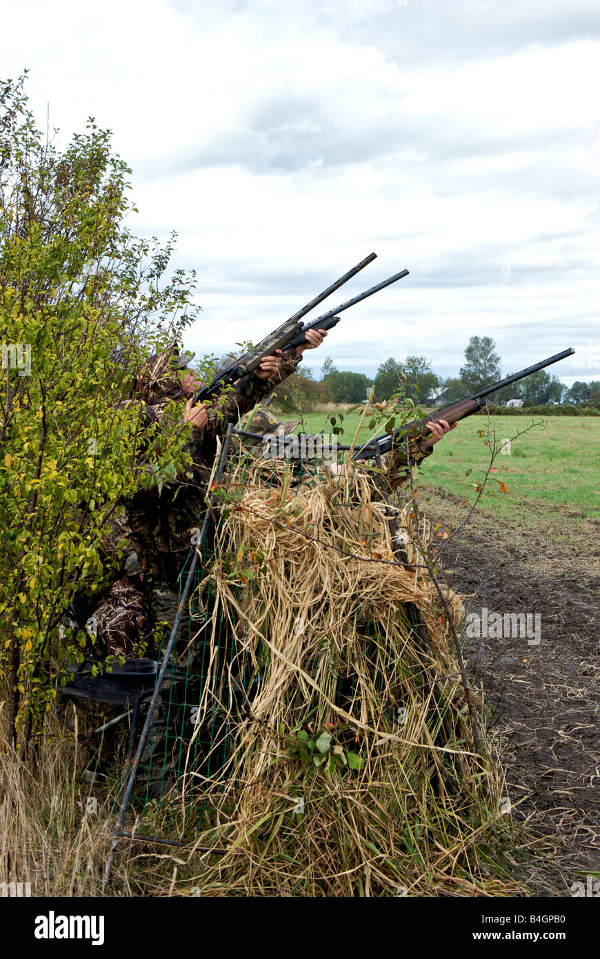 Gli adolescenti vestito in Abbigliamento camouflage 12 tiro fucili calibro da un cieco di anatra Foto Stock