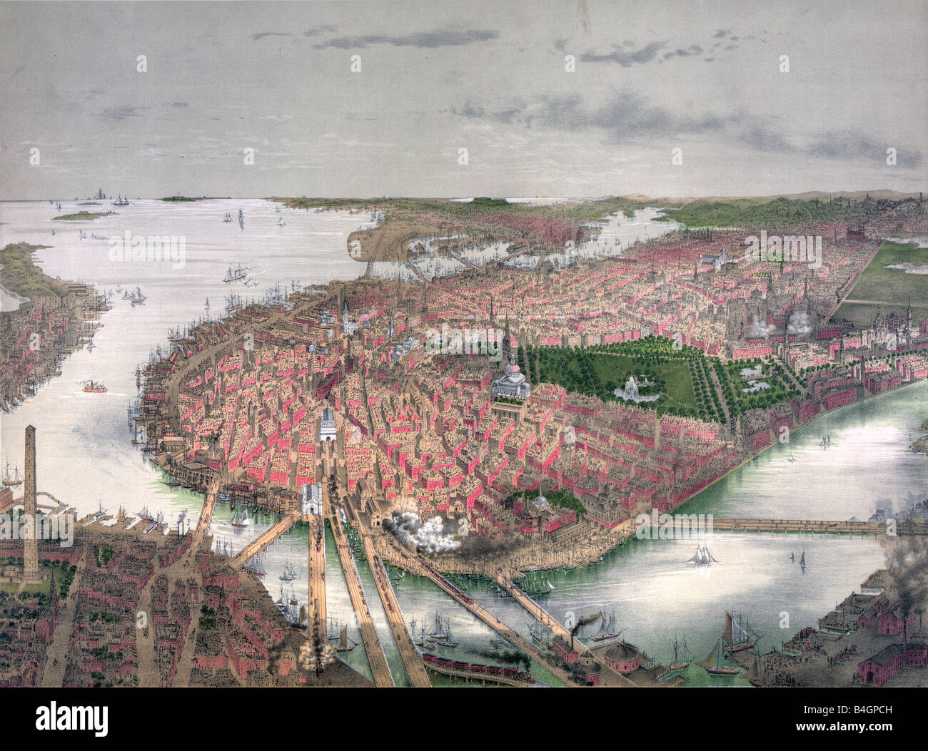 Vista aerea della città di Boston 1877 Foto Stock