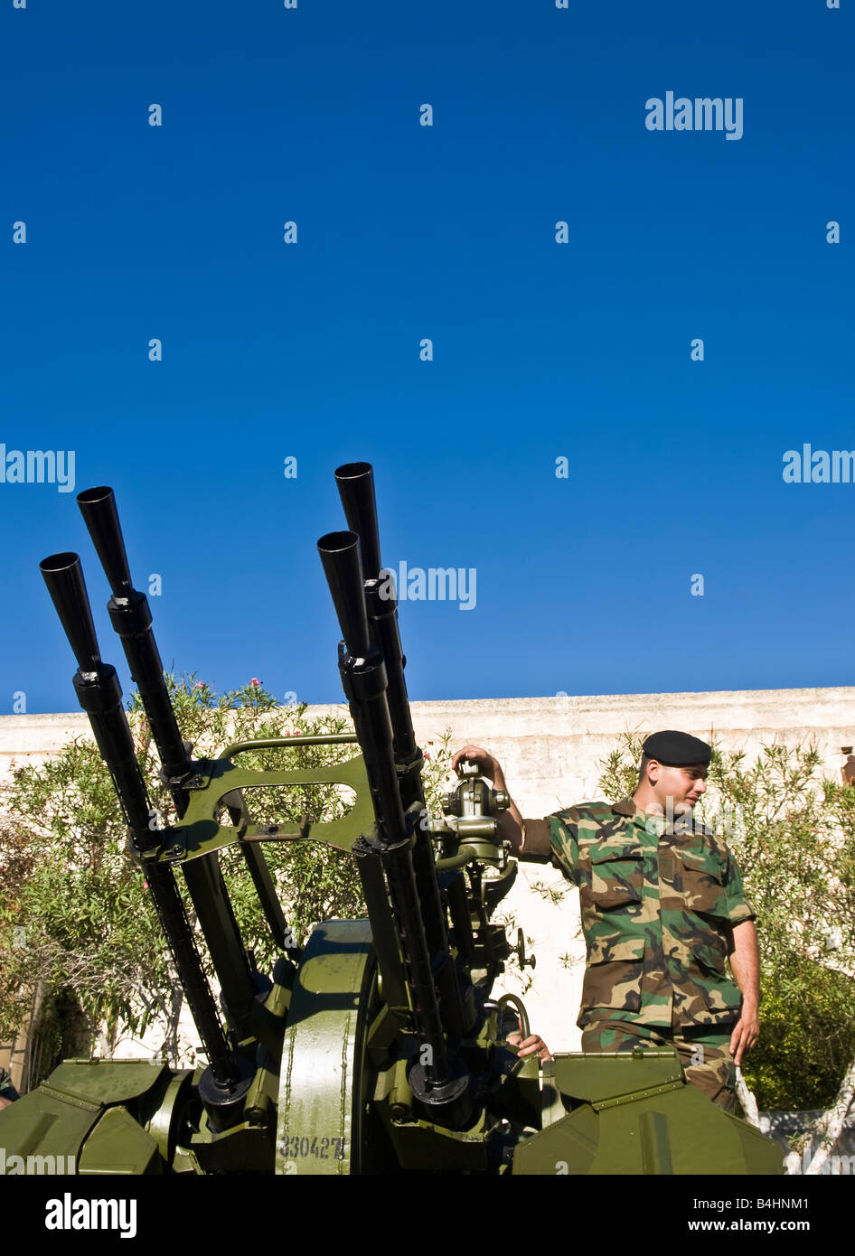 Soldati dimostrando un Anti aerei pistola durante una delle Forze Armate di Malta open day in caserma di Luqa Foto Stock