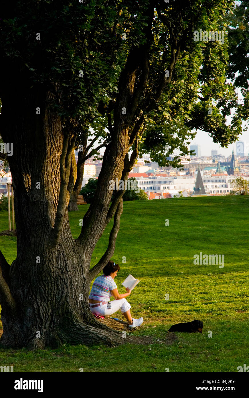 Donna in lettura di Letenske Sady park a Praga Repubblica Ceca Europa Foto Stock