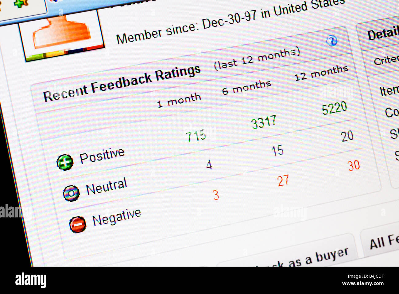 Sito web di Ebay account commenti e suggerimenti che mostra la schermata neutrale positivo e negativo i punteggi di feedback Foto Stock