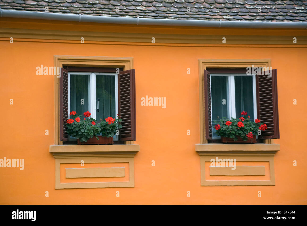 Sighisoara Transilvania Romania Europa due finestre su vivacemente colorato del XVI secolo burgher house Foto Stock