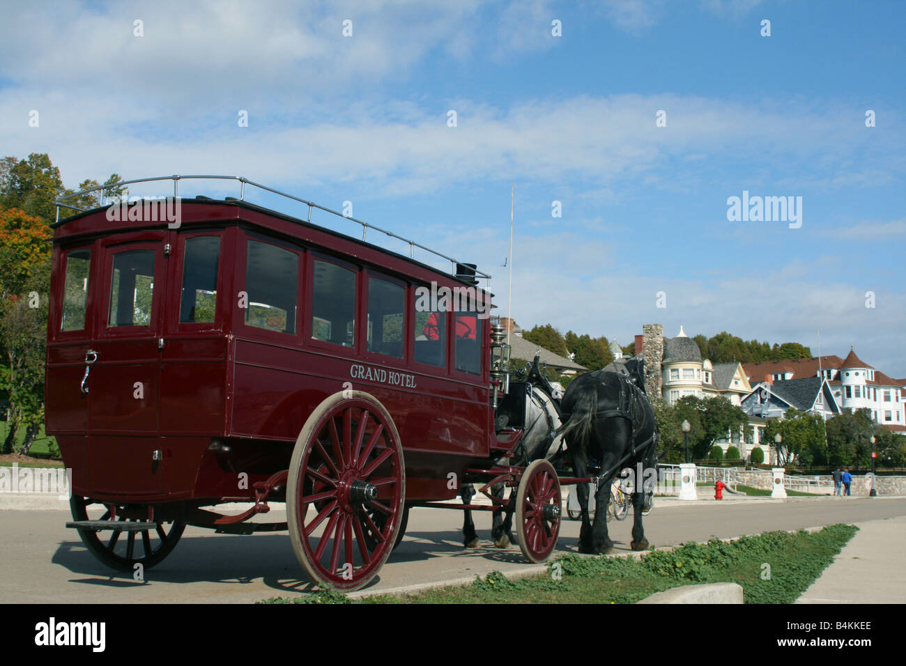 Carrozza di cavalli Mackinaw Island Michigan, di Carol Dembinsky/Dembinsky Photo Asoc Foto Stock