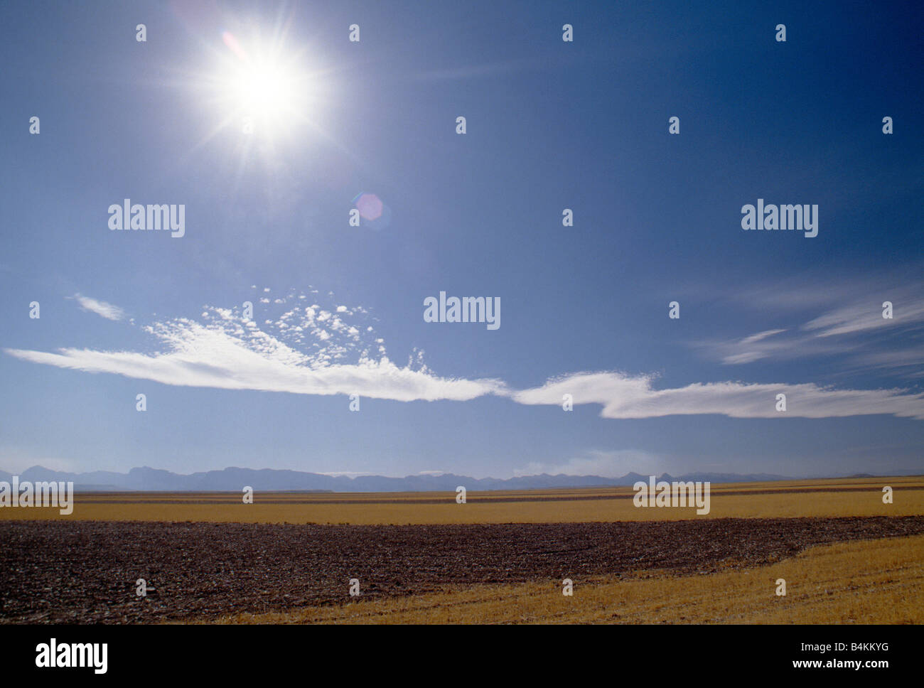 SUN, campi di fattoria, SKY, montagne rocciose visto da 90 MIGLIA A NW di great falls, MONTANA Foto Stock