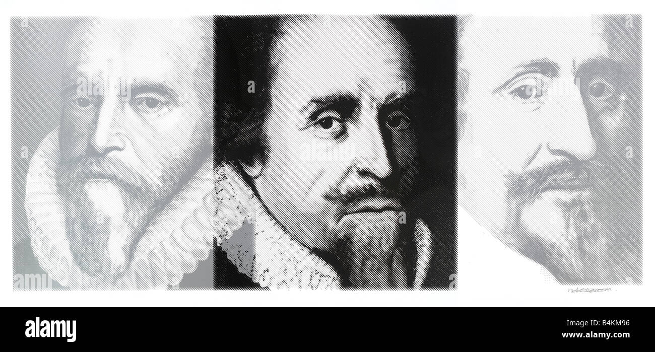 Johan van den Oldenbarneveldt, Principe Maurits, Hugo de Groot, silkscreen fatta di 3 dipinti da nick oudshoorn Foto Stock