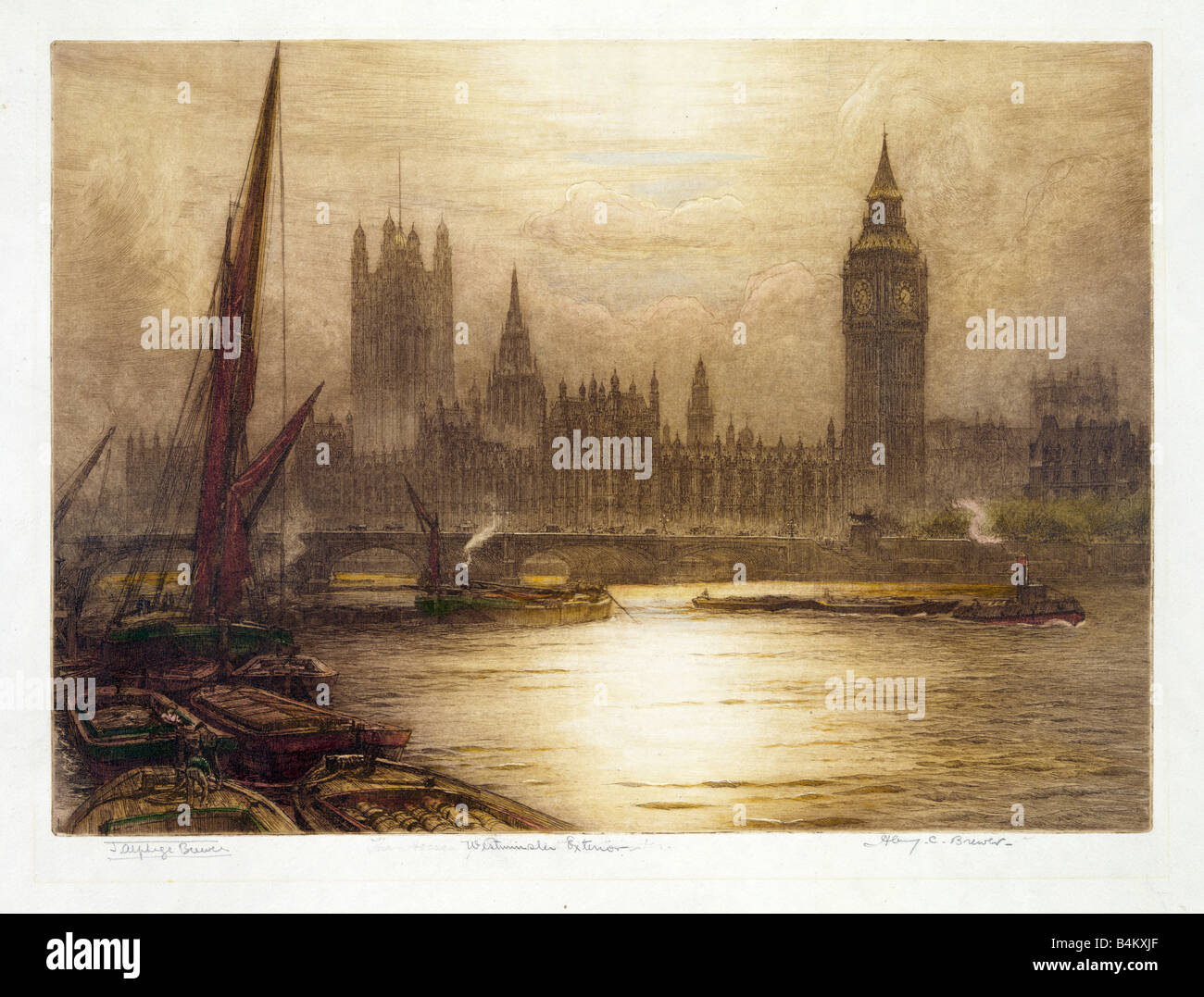 London, Westminster il Parlamento con le barche in acqua in primo piano.accuratamente restaurato, re-master riparato e colori enhanced al suo stato originale. Foto Stock