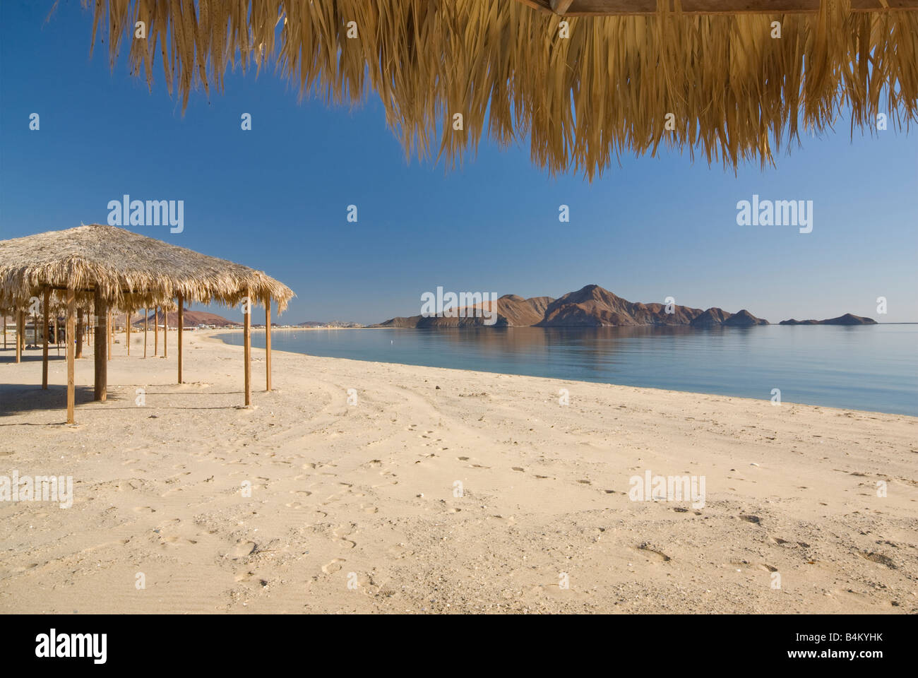 Palapas sulla spiaggia di Bahia San Luis Gonzaga a Campo Rancho Grande Baja California Messico Foto Stock