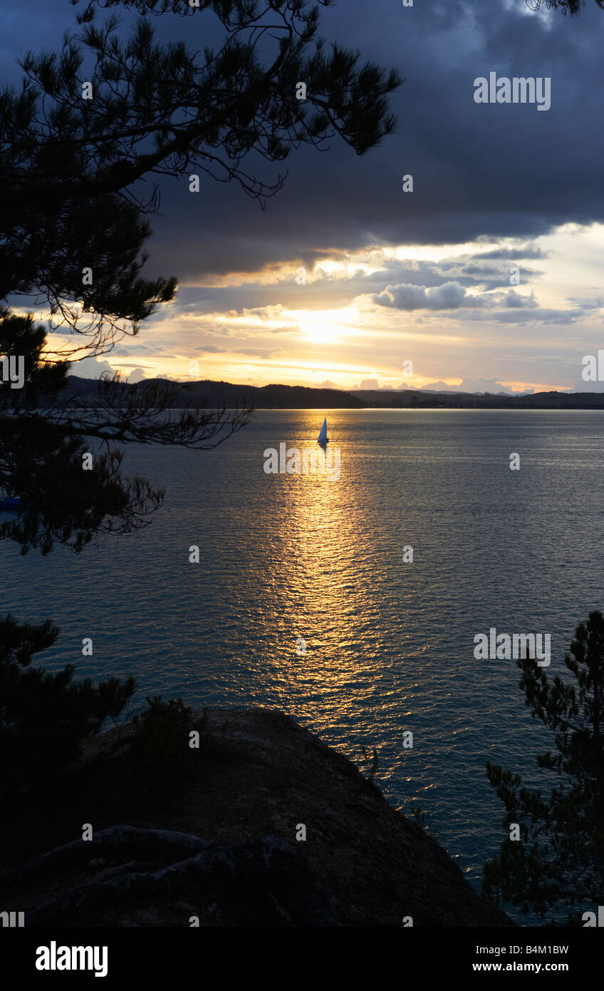 Vista dal promontorio boscoso del tramonto sul mare Russell Baia delle Isole di Northland Isola del nord della Nuova Zelanda Foto Stock