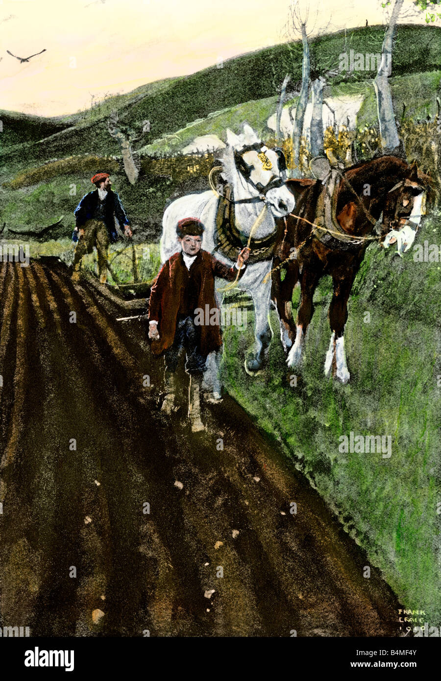 Farm boy a capo di un team di cavalli mentre suo padre manzi l'aratro. Colorate a mano di mezzitoni una illustrazione Foto Stock