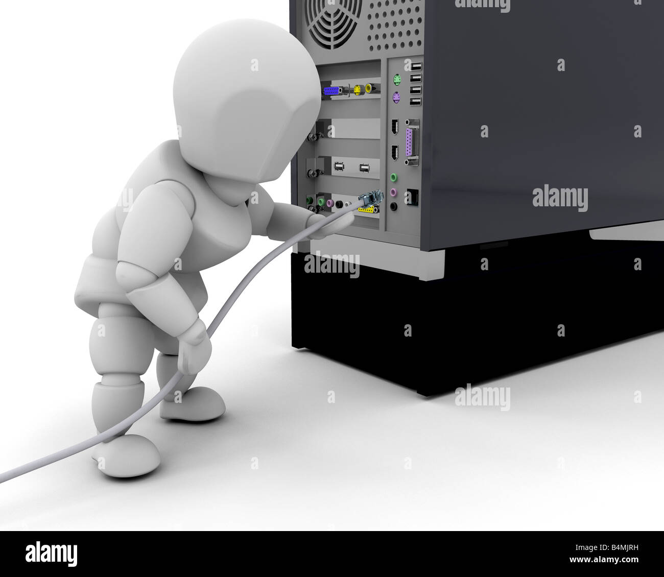 3D render di qualcuno di collegare un cavo di rete RJ45 in un computer Foto Stock