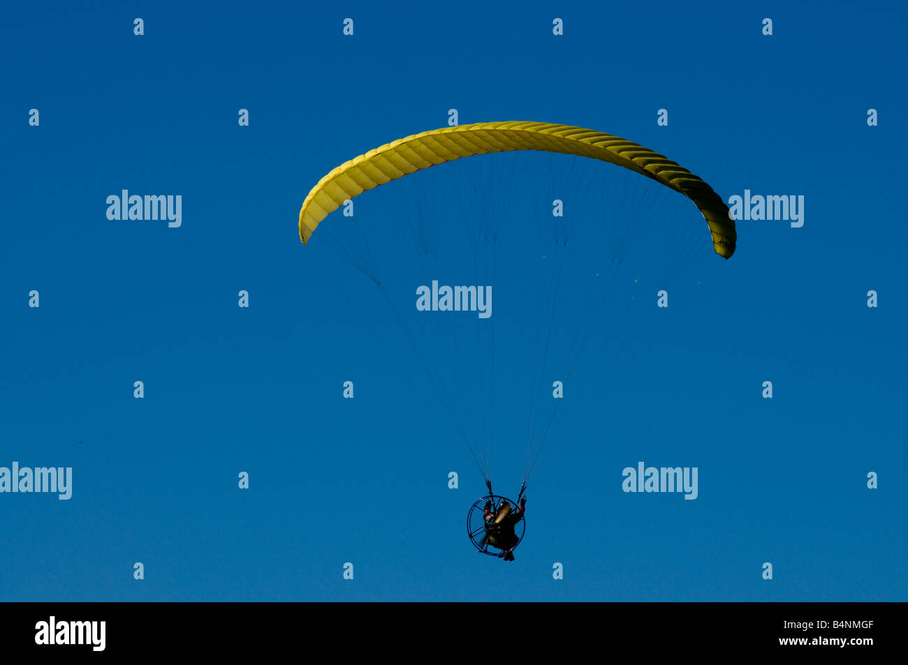 Uomo in volo in un gas alimentato kite. Foto Stock