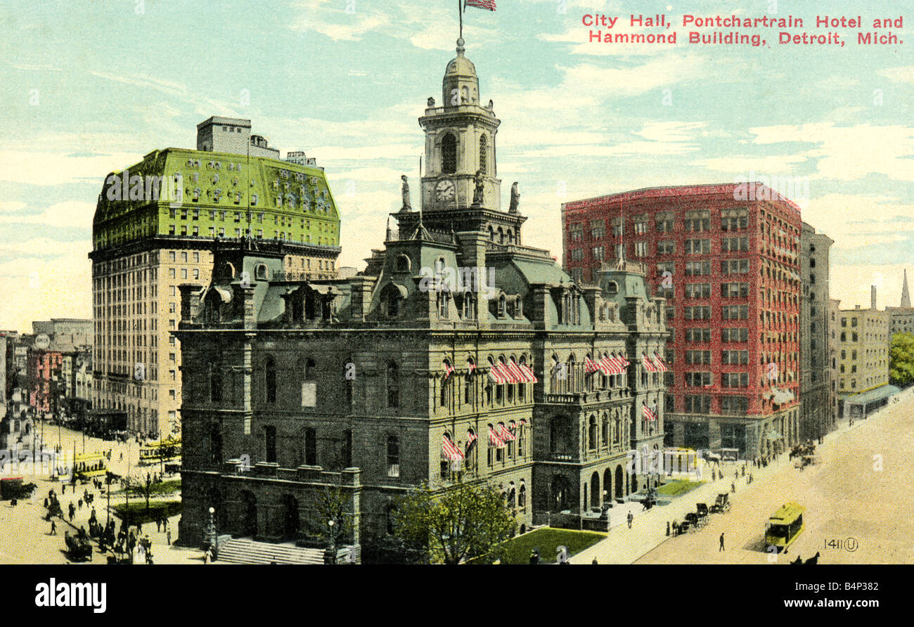 Vecchio vintage American immagine cartolina topografica di Detroit per solo uso editoriale Foto Stock