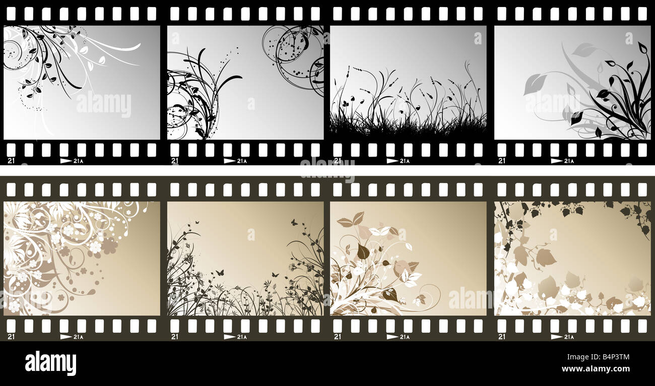 Le strisce di pellicola con motivi floreali diversi su ciascun telaio Foto Stock