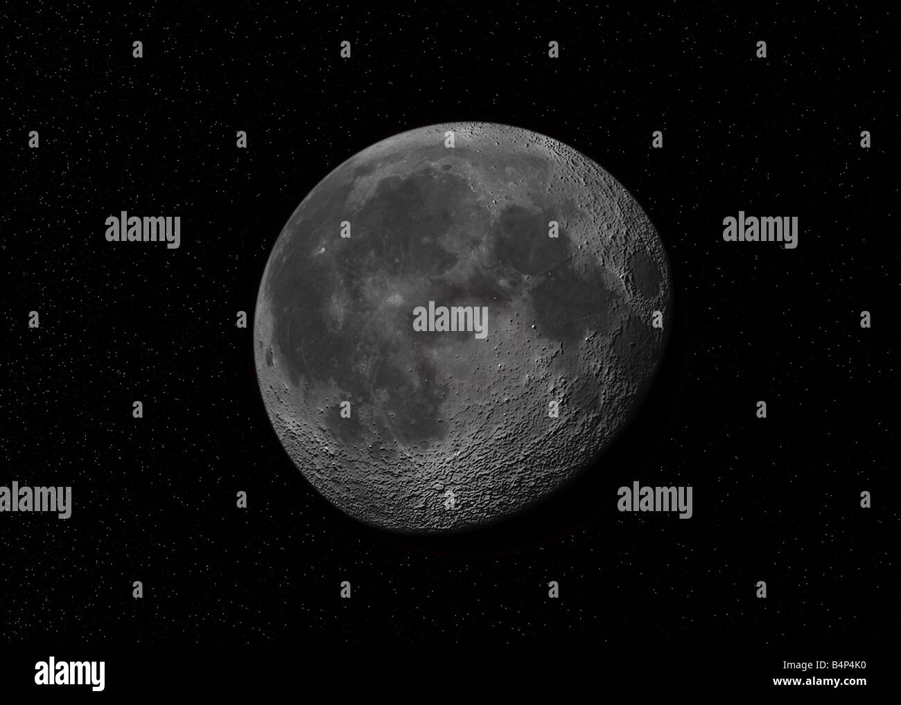 Immagine fictional della luna in un cielo stellato Foto Stock