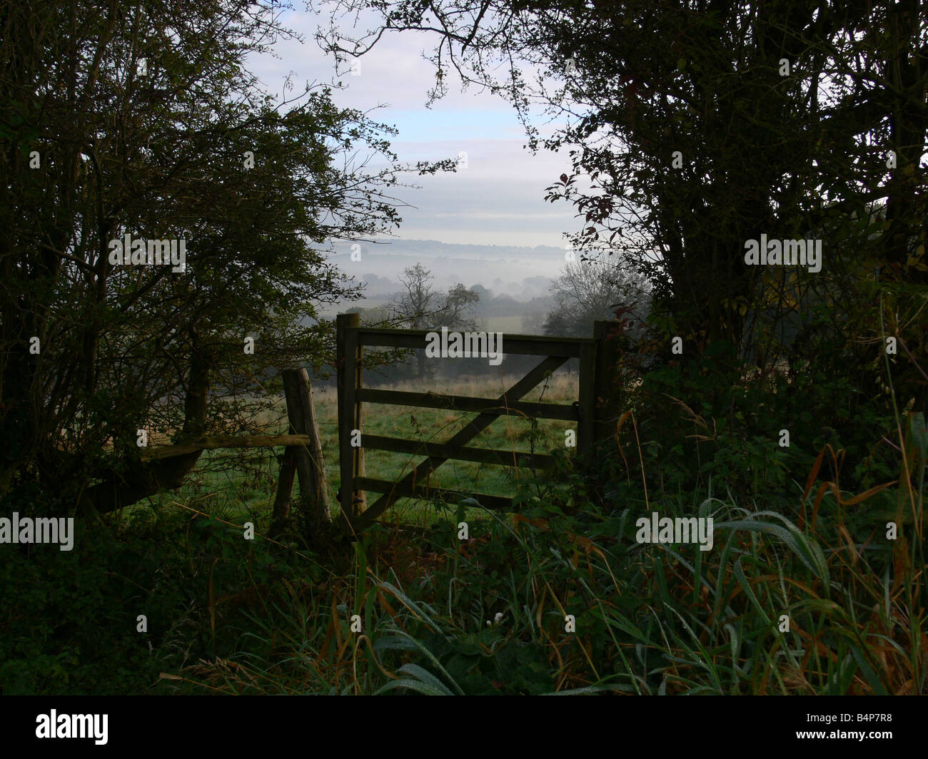 Gate pendente con splendide alba vista sul paesaggio inglese Foto Stock
