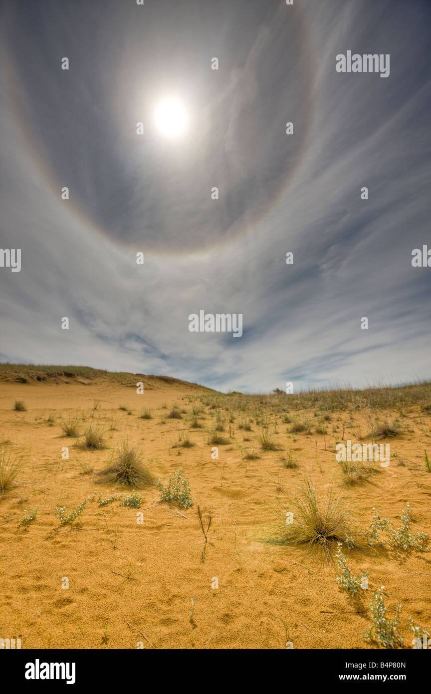 Rainbow intorno al sole come arde in basso sullo Spirito Sands trail dune di sabbia, boschi di abete rosso Parco Provinciale, Manitoba, Canada. Foto Stock