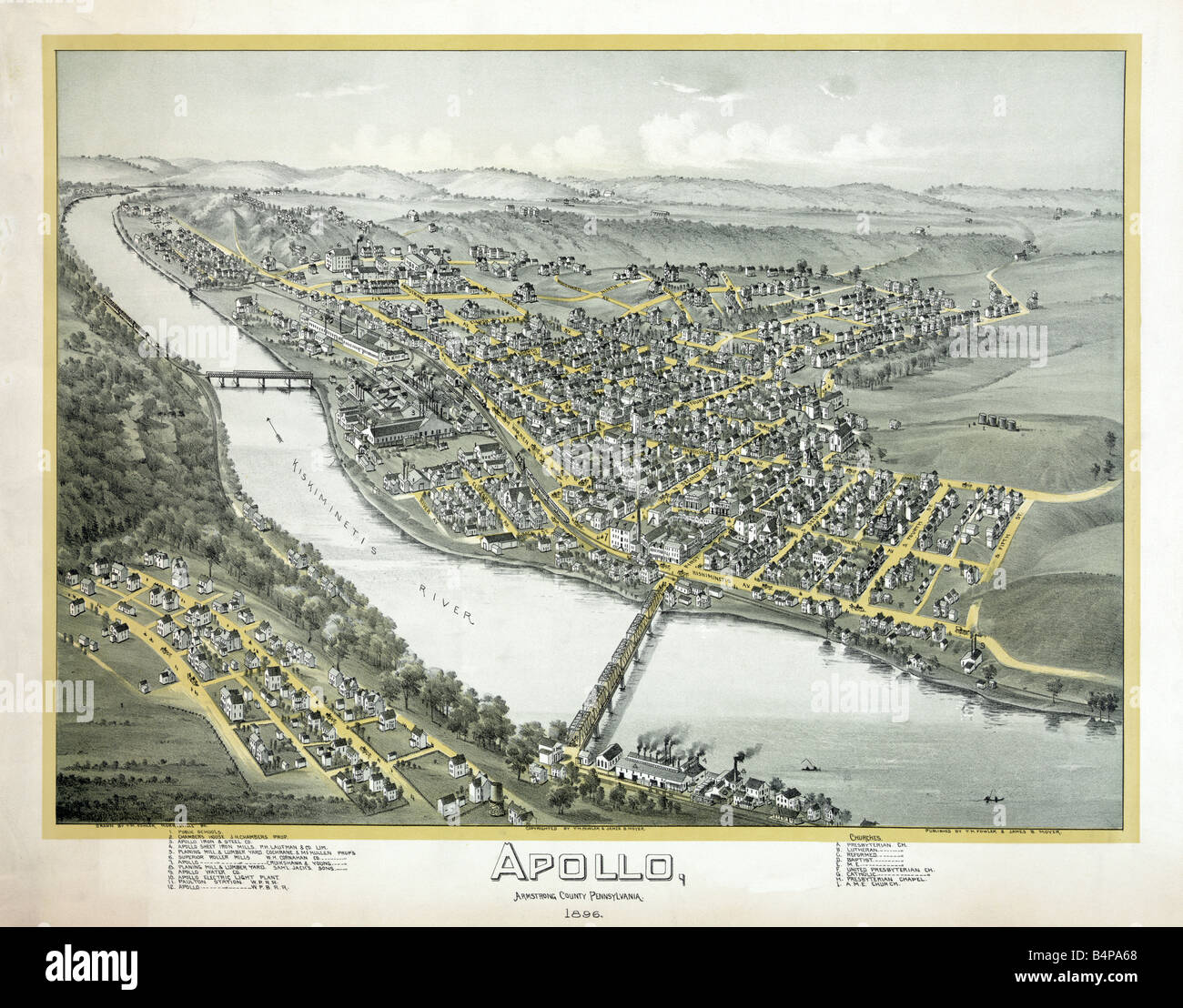 Vista aerea della città di Apollo, Pennsylvania, 1896 Foto Stock