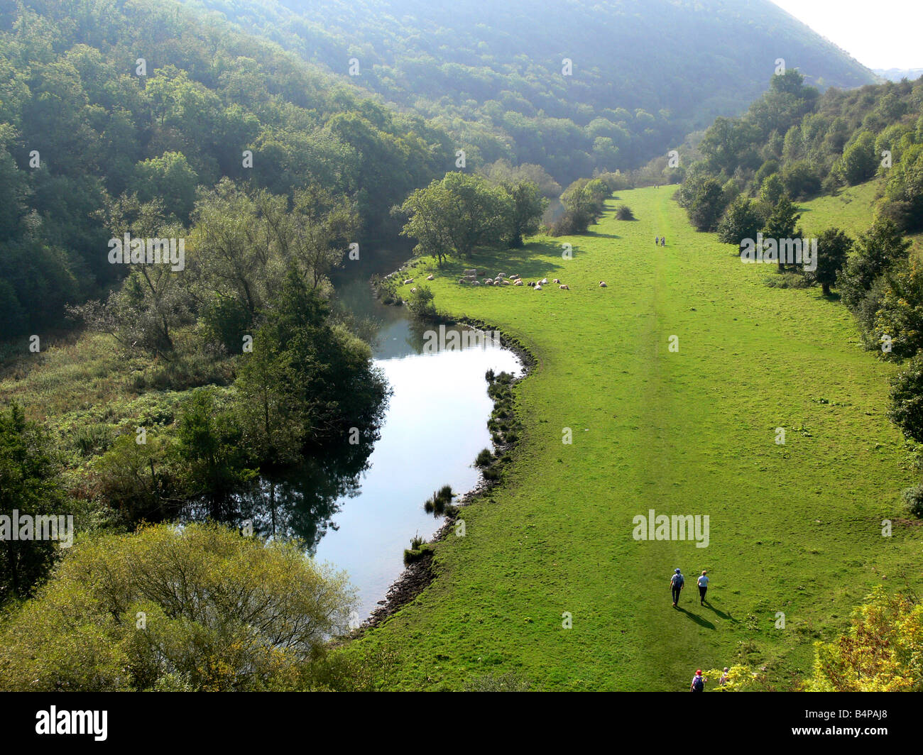 Vista dal viadotto Monsal fiume Wye Valley Peak District Derbyshire Foto Stock