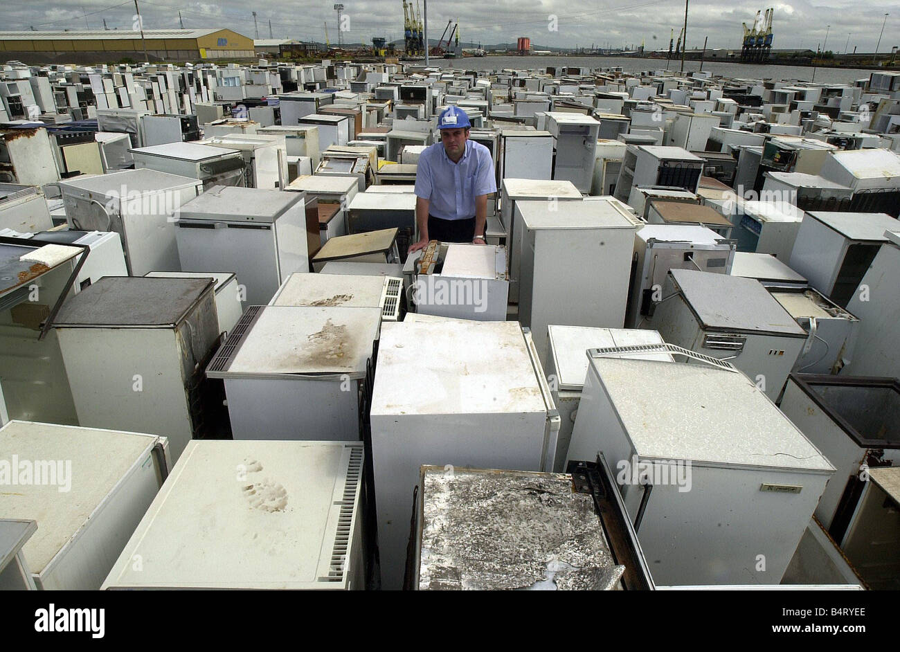 Jason Prezzo di Simsmetal UK Ltd si erge nel mezzo di alcuni dei 35 000 frigoriferi memorizzati in Newport Docks per il riciclaggio 8 Luglio 2002 Foto Stock