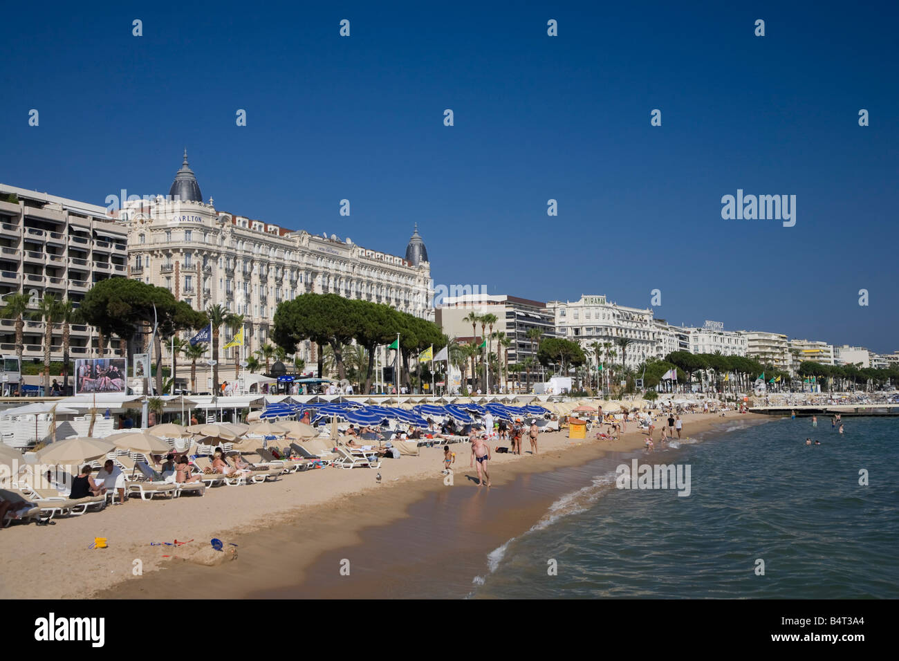 La spiaggia e il Boulevard de la Croisette con Carlton Hotel, Cannes, Cote D'Azur, in Francia Foto Stock
