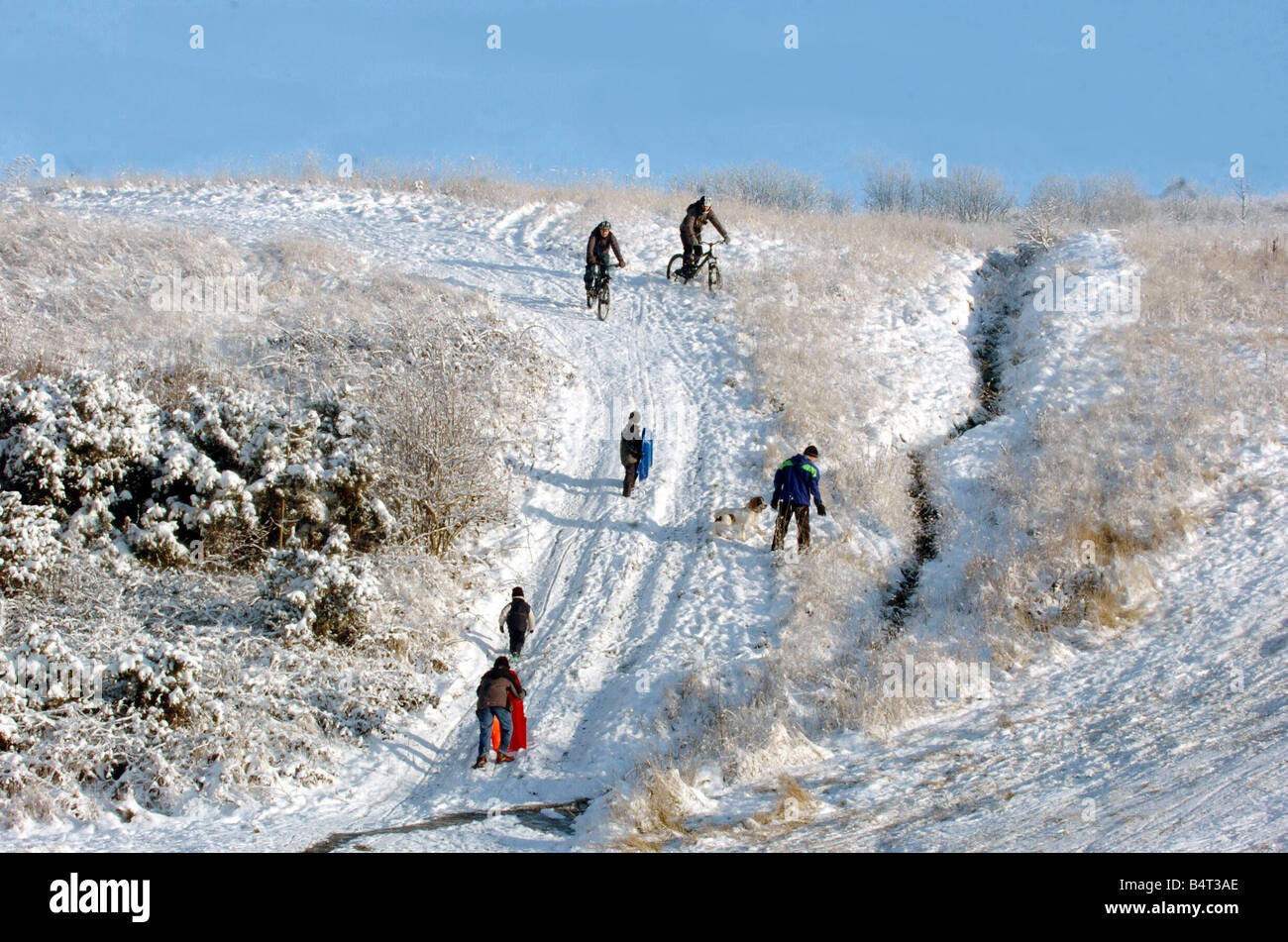 Gli amanti della mountain bike e sledgers godere la neve a Allensford Foto Stock