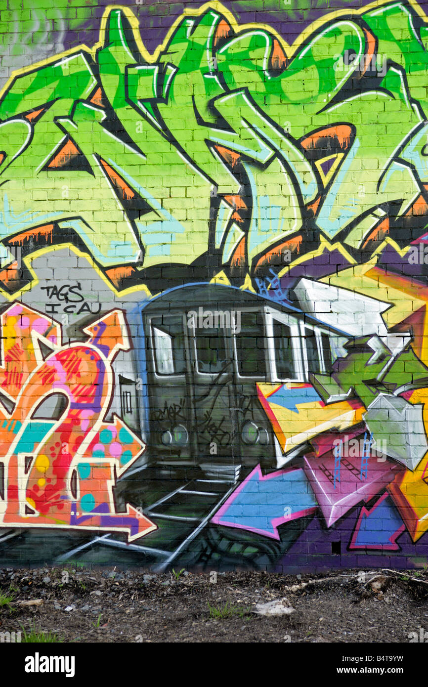 Arte dei graffiti su un muro di mattoni che mostra un treno proveniente tramite un wallgraffiti sulla parete al di sotto di una linea ferroviaria wallart arte comunitario Foto Stock