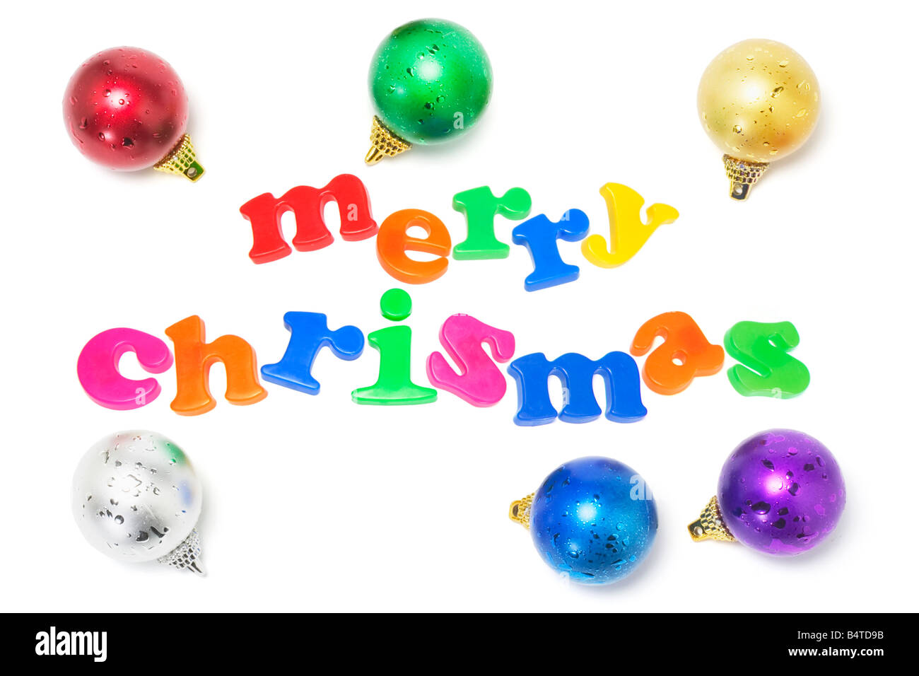 Baubles di natale con gli auguri di Natale Foto Stock