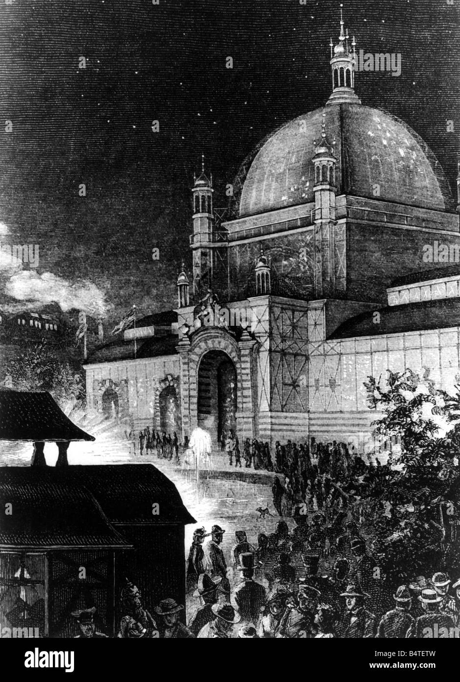 Mostre, medicina, mostra d'igiene, Berlino 1883, ingresso di notte, incisione del legno dopo disegno di Adalbert von Roessler, 1883, illuminazione, Germania imperiale, Prussia, 19th secolo, storico, storico, Rossler, Rössler, persone, Foto Stock