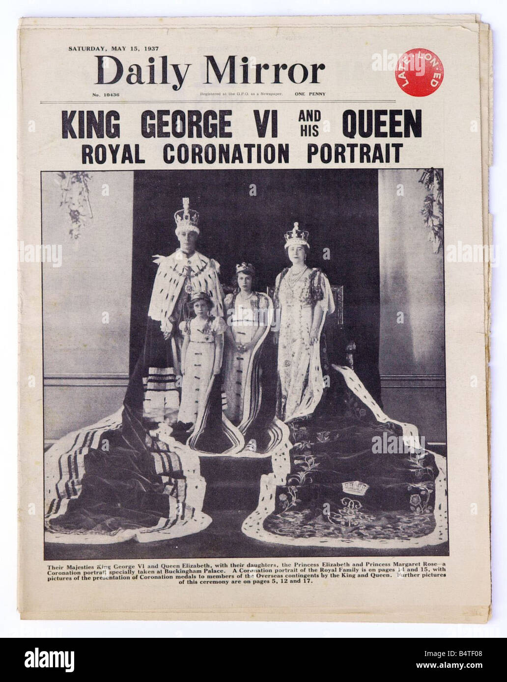 Vecchio Daily Mirror sabato 15 maggio 1937 il re George VI ROYAL INCORONAZIONE Mirrorpix ritratto Foto Stock