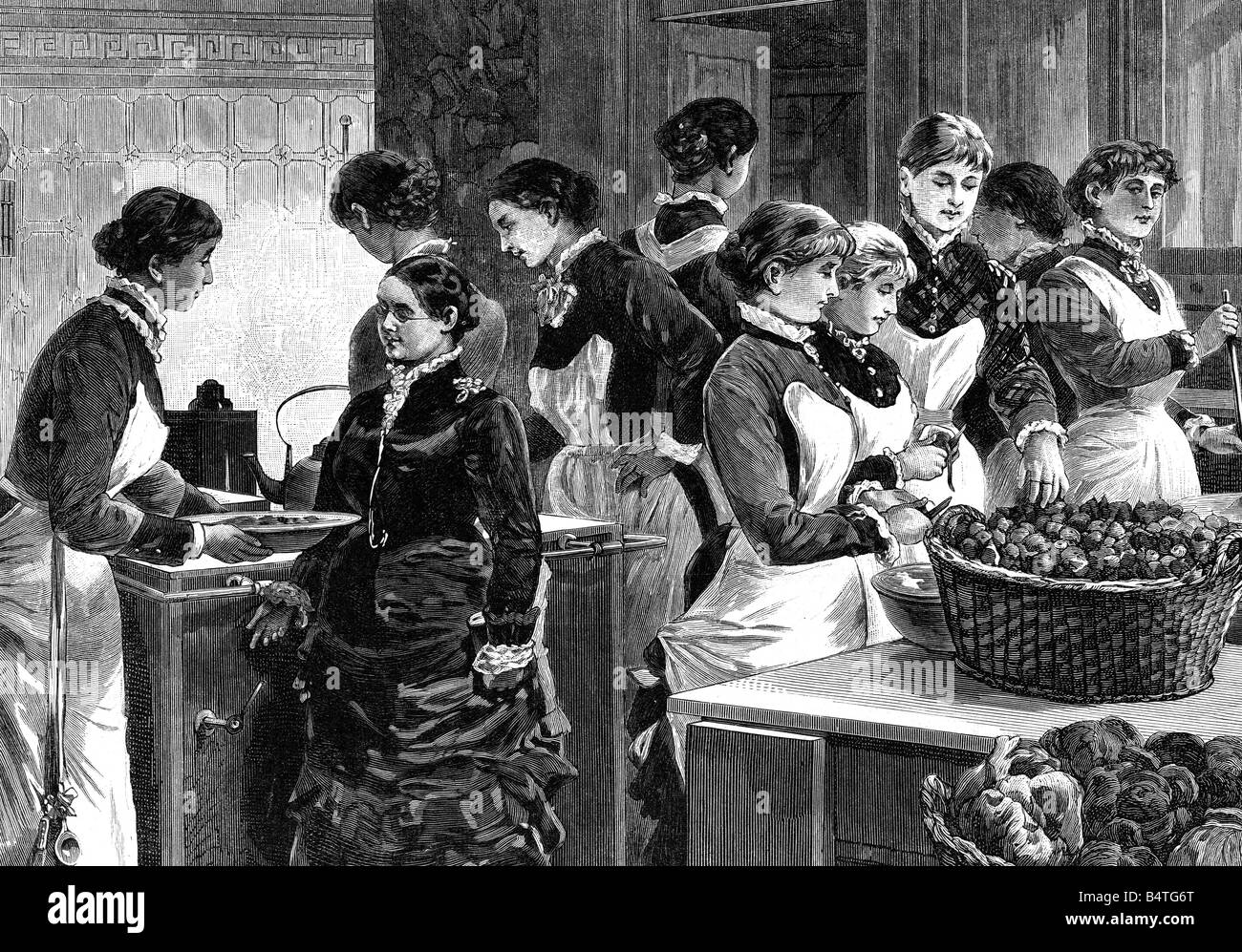 Mostre, medicina, mostra d'igiene, Berlino 1883, scuola di cucina del Berlin Housewifes Club, incisione del legno dopo disegno di Carl Koch, 1883, cucina, persone, donne, Germania imperiale, Prussia, 19th secolo, storico, storico, Foto Stock