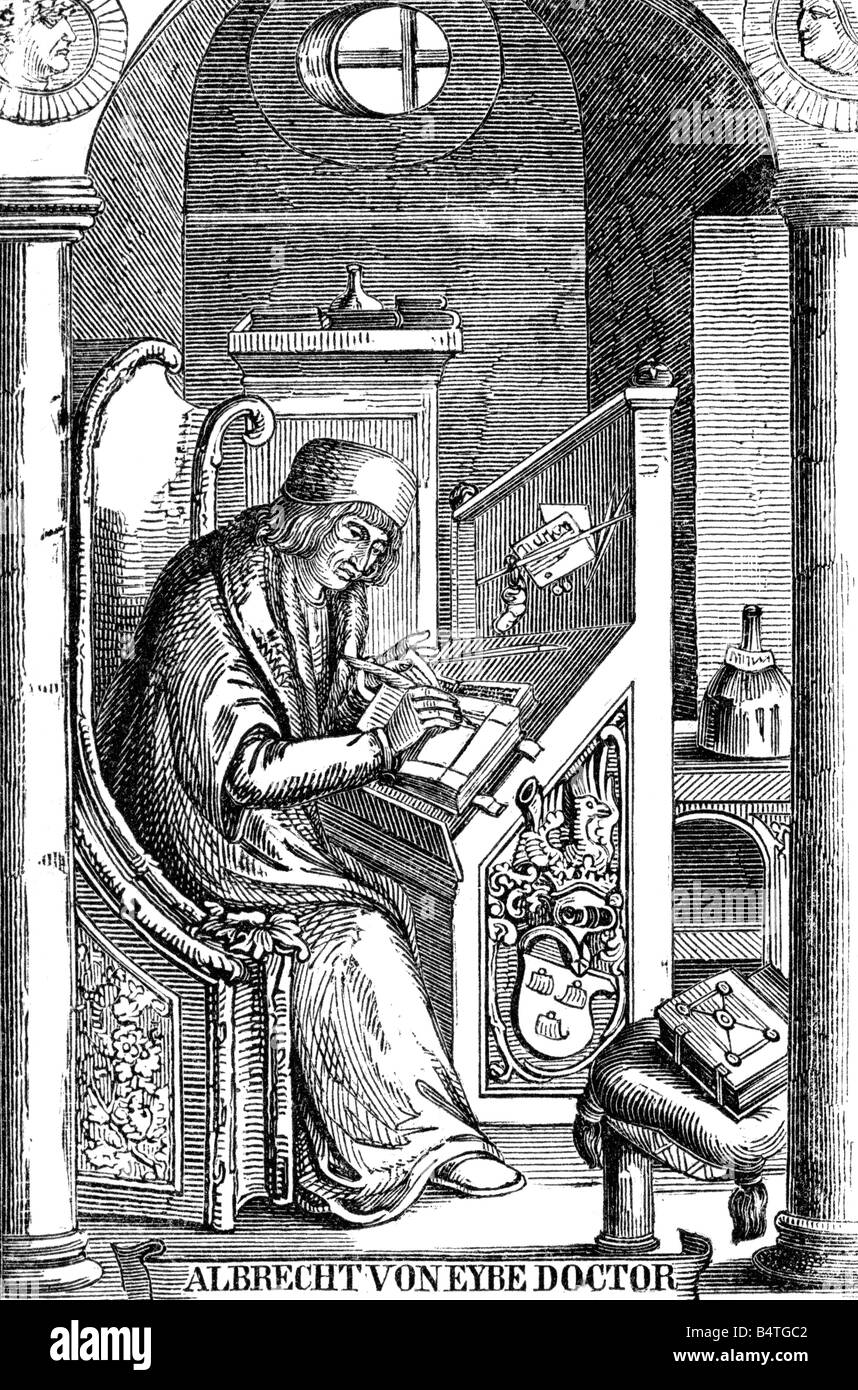 EYB, Albrecht von, 24.8.1420 - 24.7.1475, umanista tedesco, autore/scrittore, alla sua escritoire, woodcut alla sua opera 'Spiegel der Sitten' (specchio della morale), Foto Stock