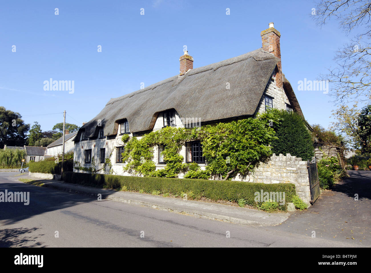 Cottages dal tetto di paglia nel piccolo villaggio di Marston Magna nel Somerset in Inghilterra Foto Stock