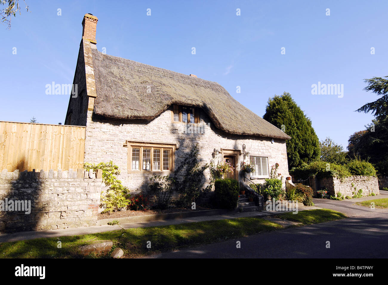 Tetto di Paglia cottage nel piccolo villaggio di Marston Magna nel Somerset in Inghilterra Foto Stock