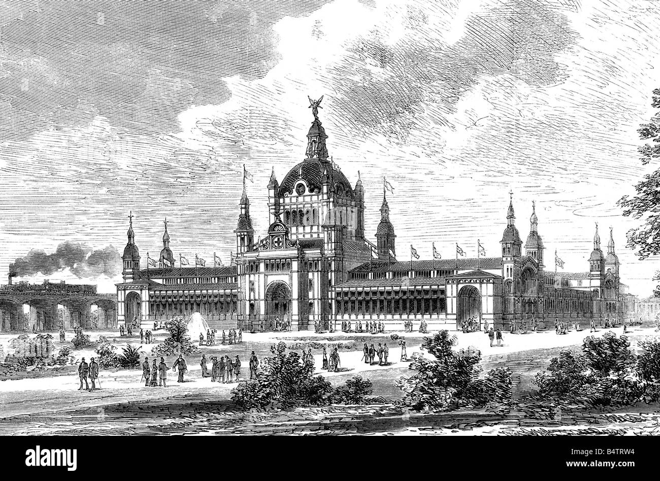 Mostre, medicina, mostra d'igiene, Berlino 1882, edificio principale, incisione del legno dopo disegno di Gottlob Theuerkauf, 1882, architettura, Germania imperiale, Prussia, 19th secolo, storico, storico, popolare, Foto Stock