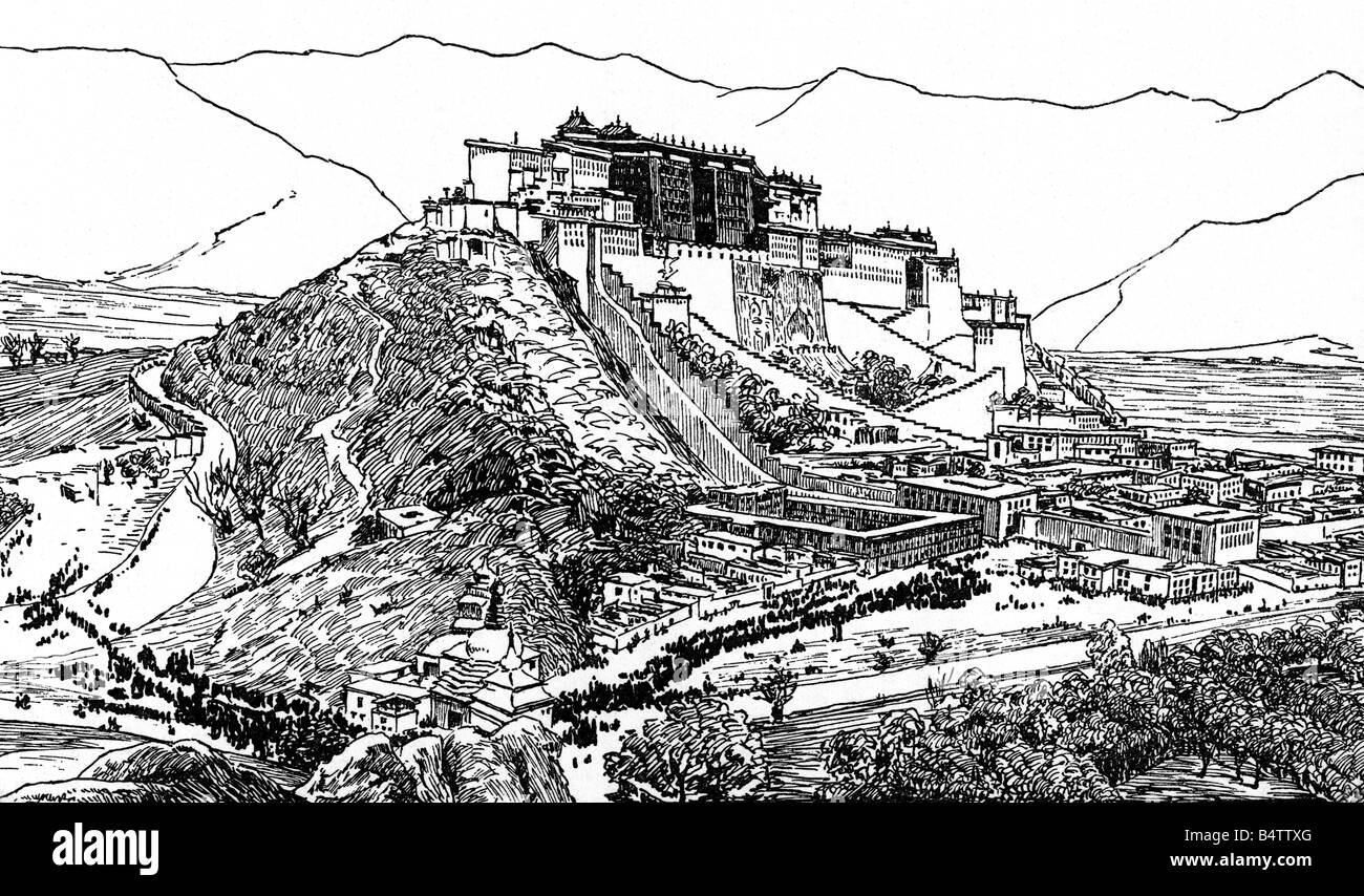 Geografia / viaggio, Tibet, Lhasa, edifici, palazzo del Dalai lama, incisione del legno, dopo una fotografia di Alexandra David-Neel, circa 1900, Foto Stock
