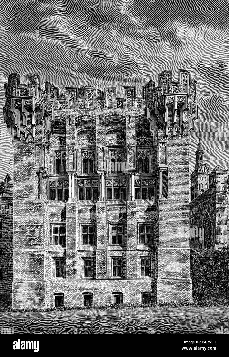 Geografia / viaggio, Polonia, Malbork, Castello, vista esterna, palazzo del Gran Maestro, incisione del legno, 2nd mezzo 19th secolo, Marienburg, Germania imperiale, Regno di Prussia, Prussia occidentale, torre, Europa, Pommerania, storico, storico, Foto Stock