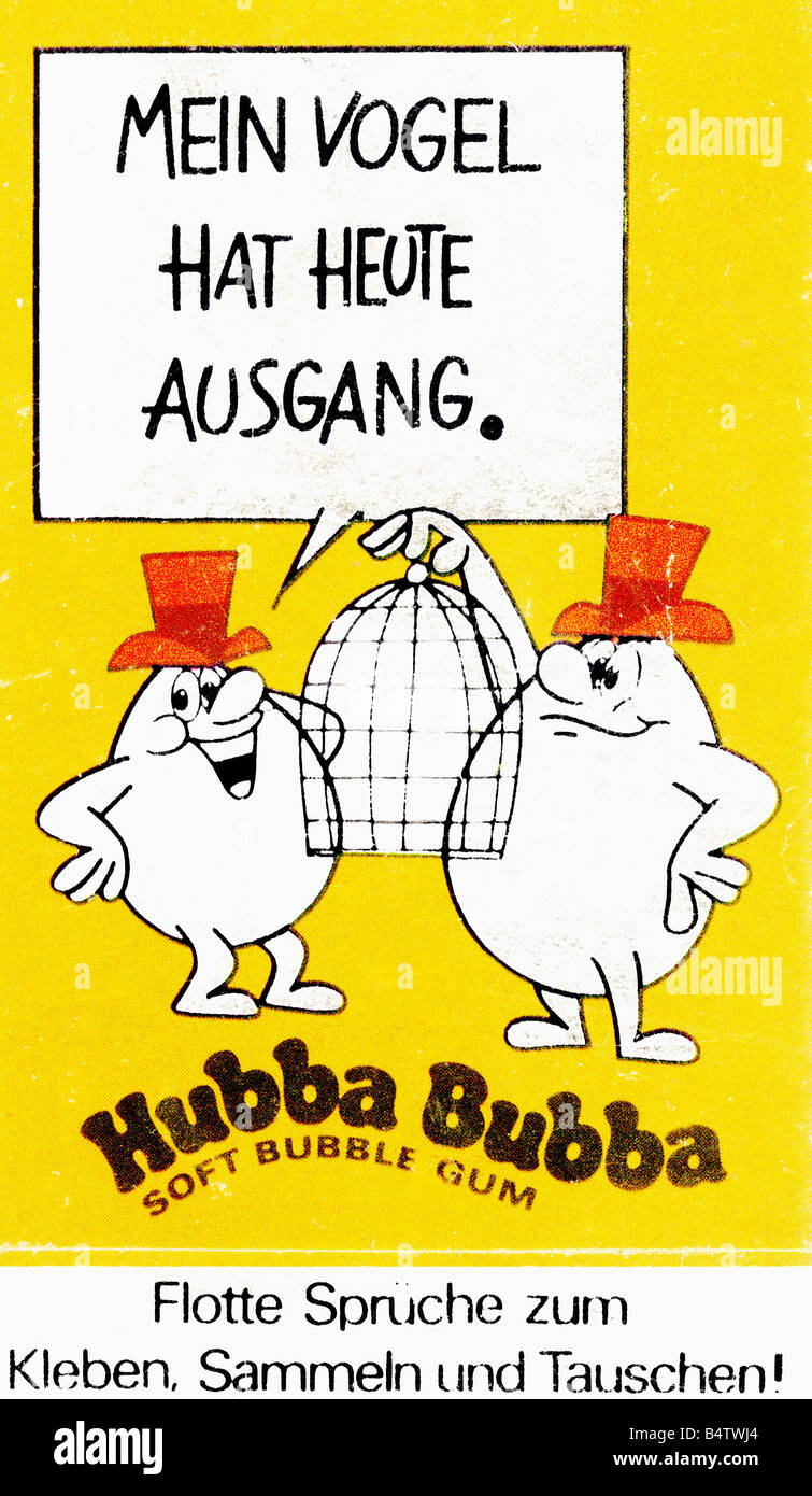 Pubblicità, dolce / caramella, gomma morbida Hubba Bubba, adesivo con slogan: 'Mein Vogel cappello heute Ausgang' (il mio uccello ha il permesso di uscire), 1980s, Foto Stock