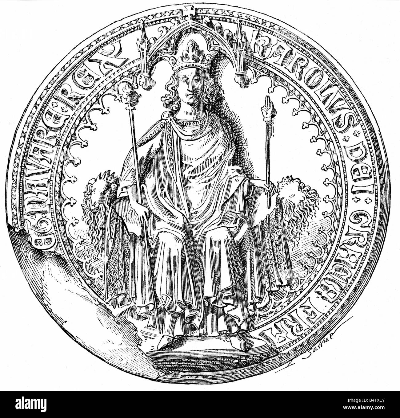Carlo IV, 11.12.1295 - 1.2.1328, Re di Francia 3.1.1322 - 1.2.1328, lunghezza intera, incisione del legno dopo il sigillo del 14th secolo, , Foto Stock